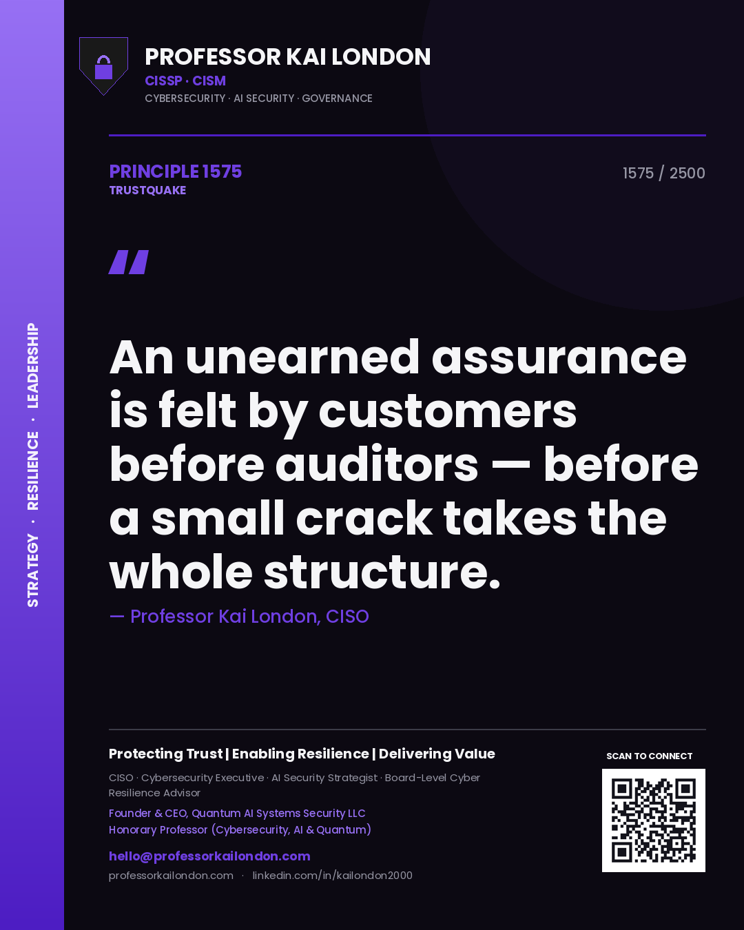 Professor Kai London principle 1575: An unearned assurance is felt by customers before auditors — before a small crack takes the whole structure.