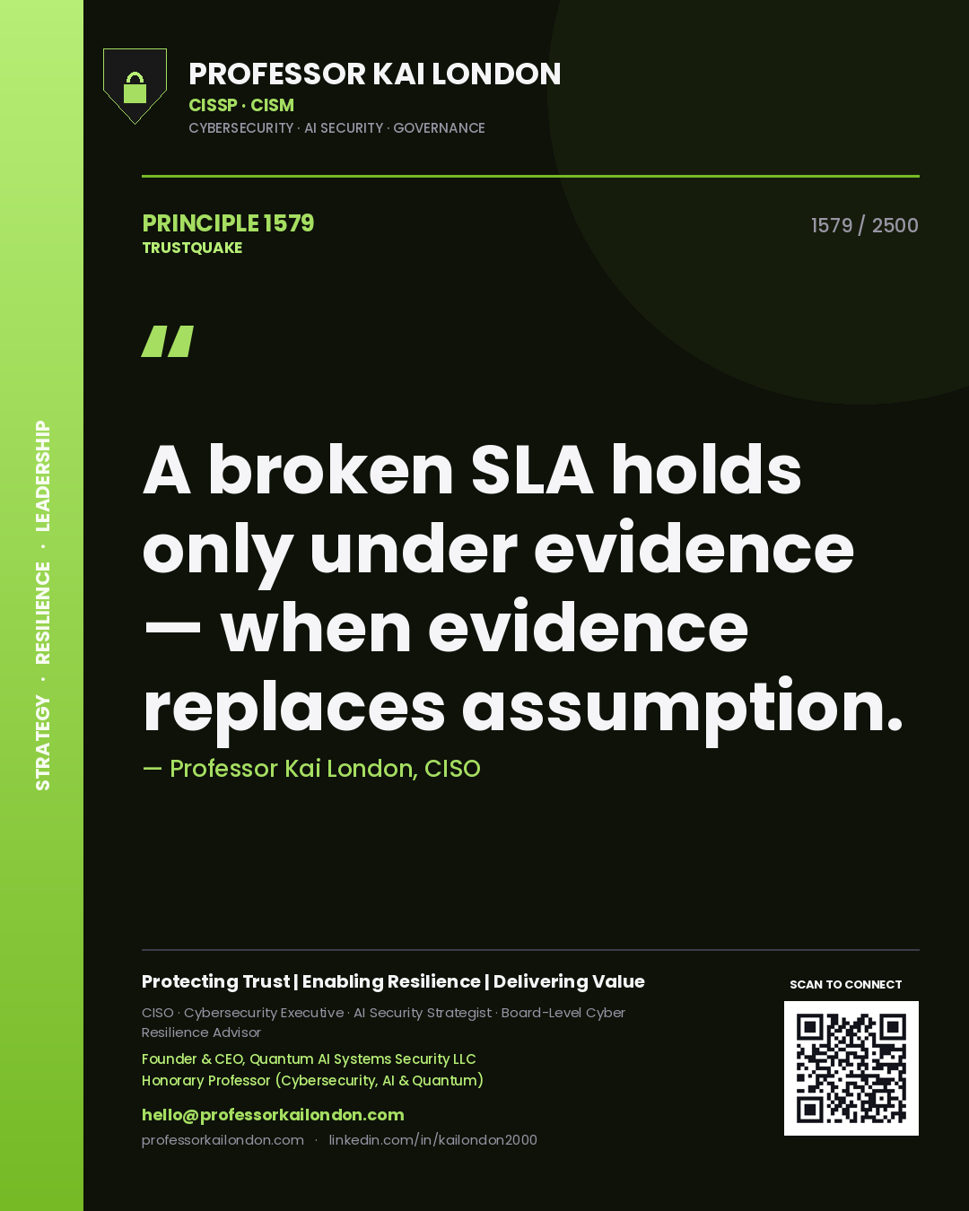 Quote card by Professor Kai London reading 'A broken SLA holds only under evidence — when evidence replaces assumption.'. From the book Trustquake.