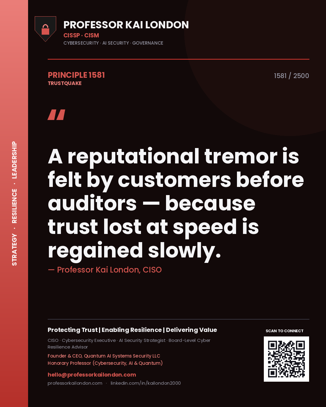 Quote card by Professor Kai London reading 'A reputational tremor is felt by customers before auditors — because trust lost at speed is regained slowly.'. From the book Trustquake.