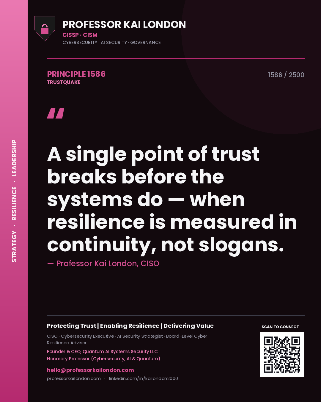Professor Kai London principle 1586: A single point of trust breaks before the systems do — when resilience is measured in continuity, not slogans.