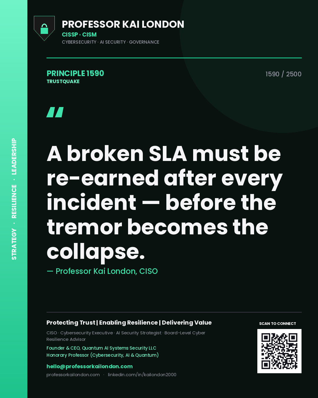 Quote card by Professor Kai London reading 'A broken SLA must be re-earned after every incident — before the tremor becomes the collapse.'. From the book Trustquake.