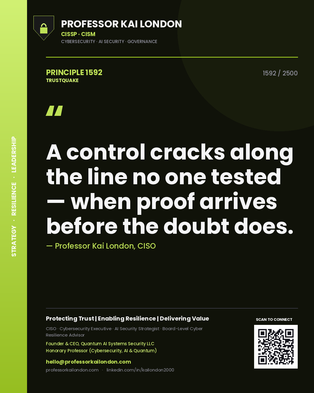 Quote card by Professor Kai London reading 'A control cracks along the line no one tested — when proof arrives before the doubt does.'. From the book Trustquake.