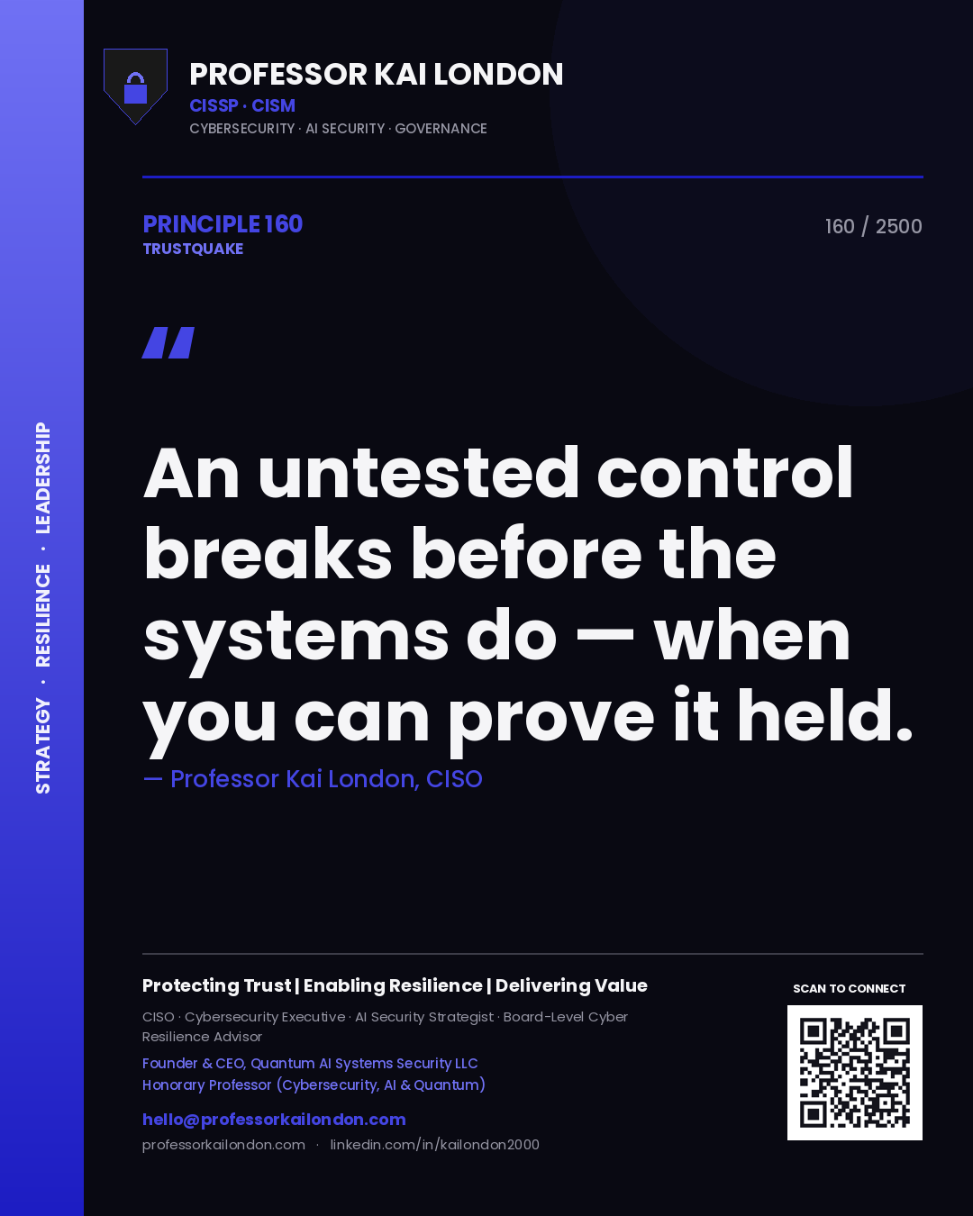 Quote card by Professor Kai London reading 'An untested control breaks before the systems do — when you can prove it held.'. From the book Trustquake.