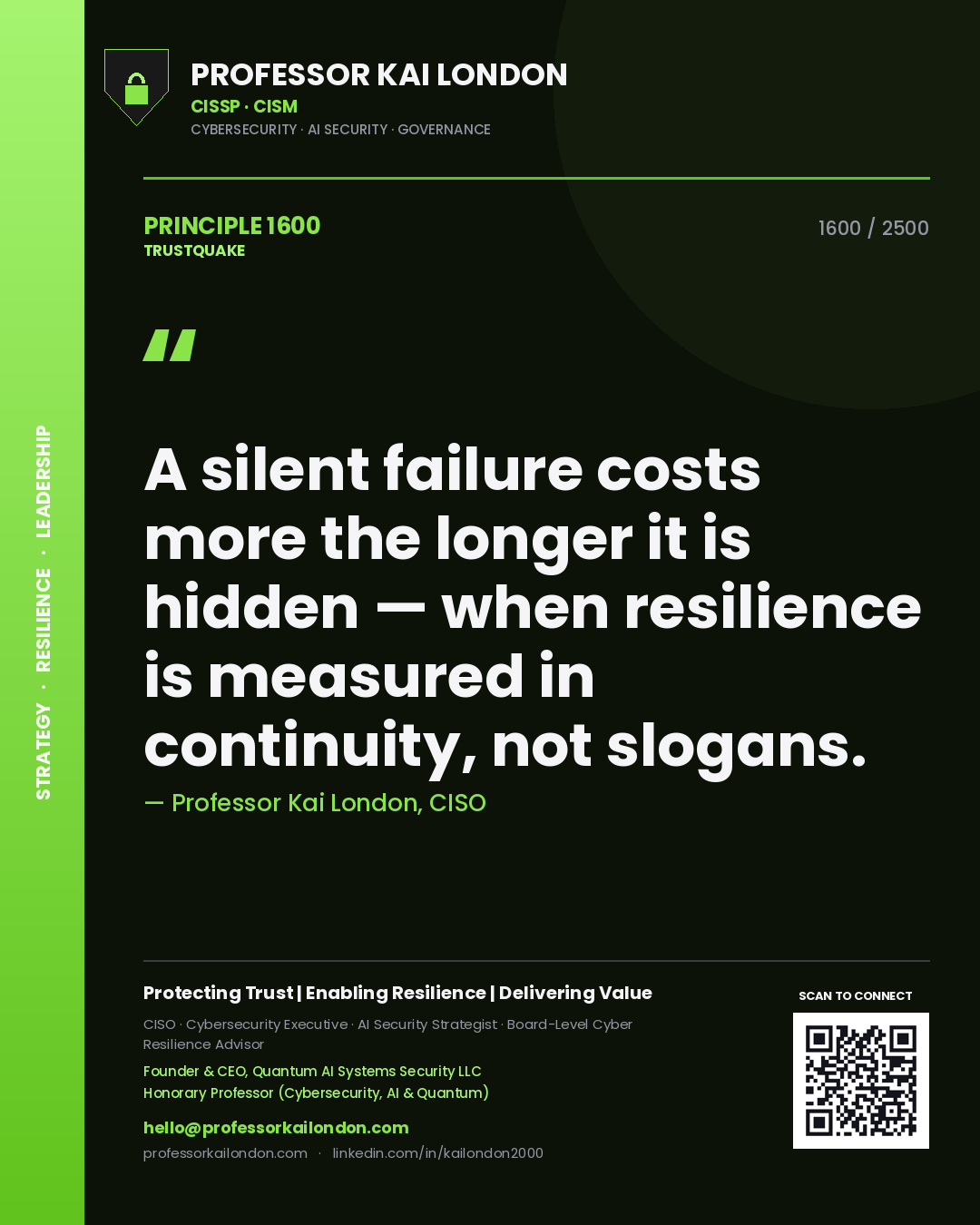 Quote card by Professor Kai London reading 'A silent failure costs more the longer it is hidden — when resilience is measured in continuity, not slogans.'. From the book Trustquake.