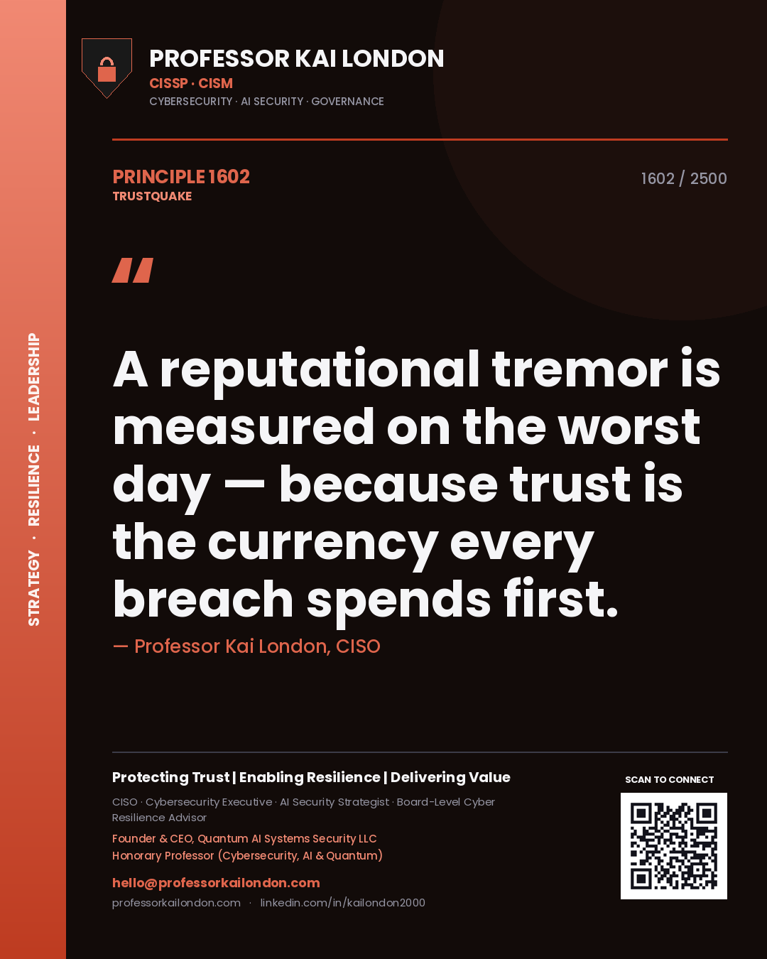 Quote card by Professor Kai London reading 'A reputational tremor is measured on the worst day — because trust is the currency every breach spends first.'. From the book Trustquake.