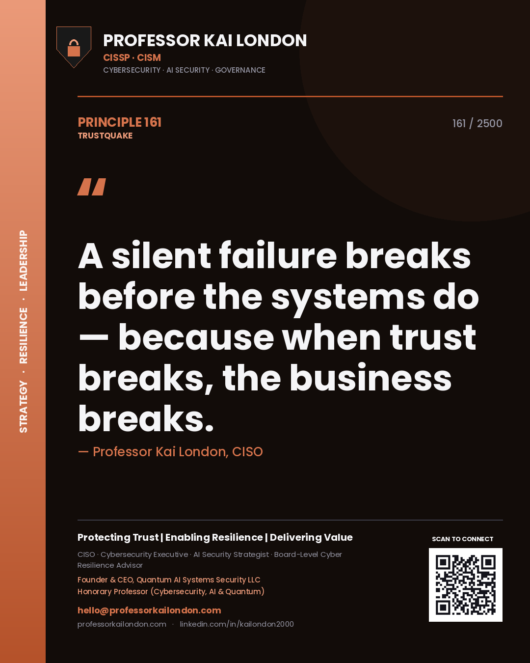 Quote card by Professor Kai London reading 'A silent failure breaks before the systems do — because when trust breaks, the business breaks.'. From the book Trustquake.