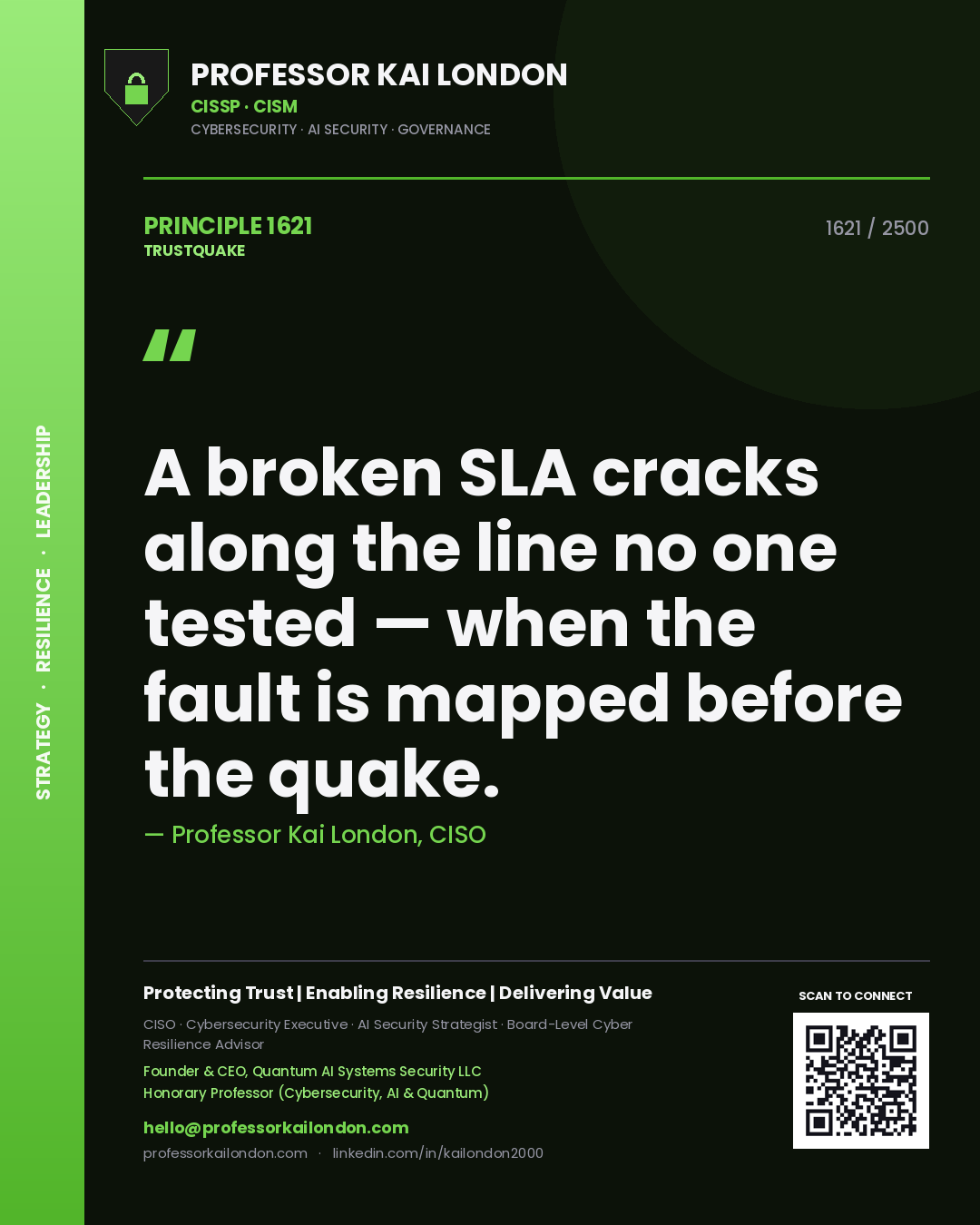 Quote card by Professor Kai London reading 'A broken SLA cracks along the line no one tested — when the fault is mapped before the quake.'. From the book Trustquake.