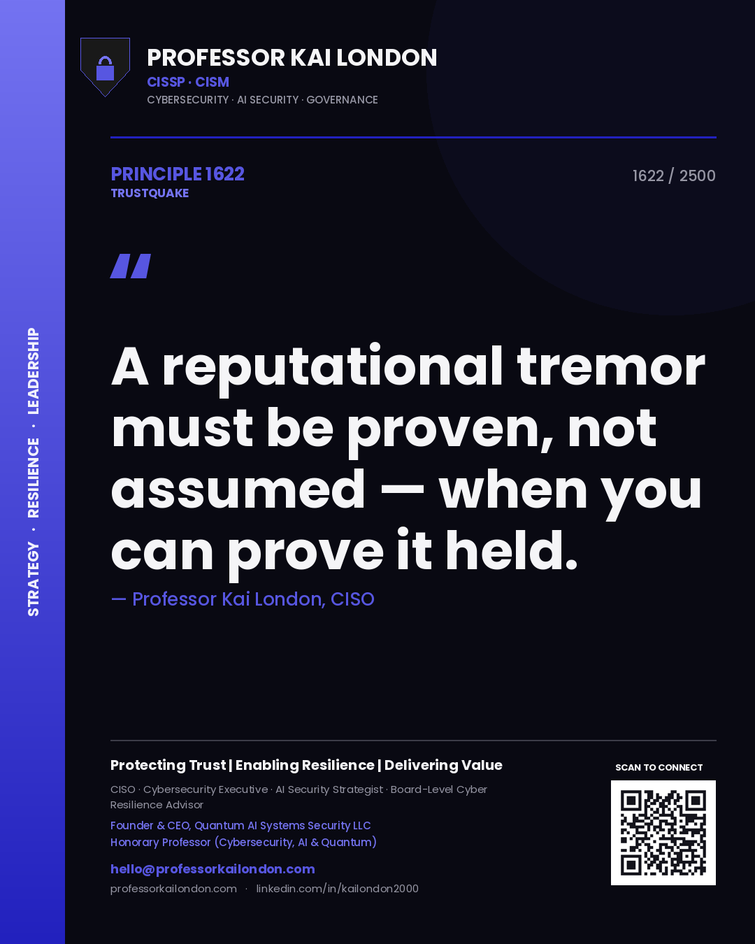 Quote card by Professor Kai London reading 'A reputational tremor must be proven, not assumed — when you can prove it held.'. From the book Trustquake.