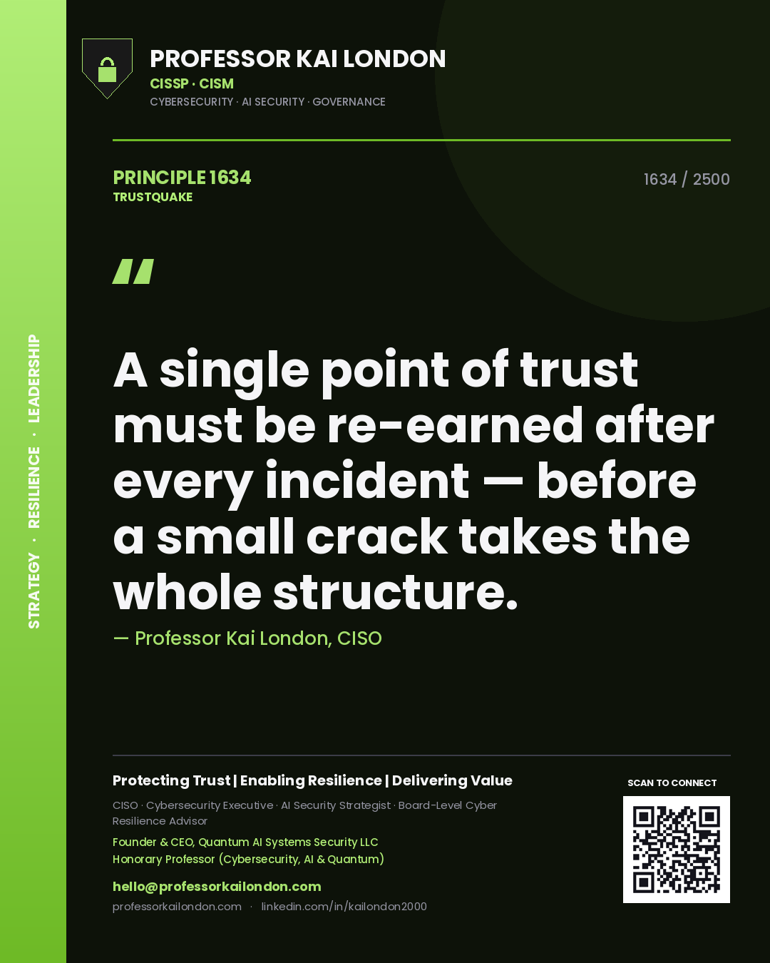 Quote card by Professor Kai London reading 'A single point of trust must be re-earned after every incident — before a small crack takes the whole structure.'. From the book Trustquake.