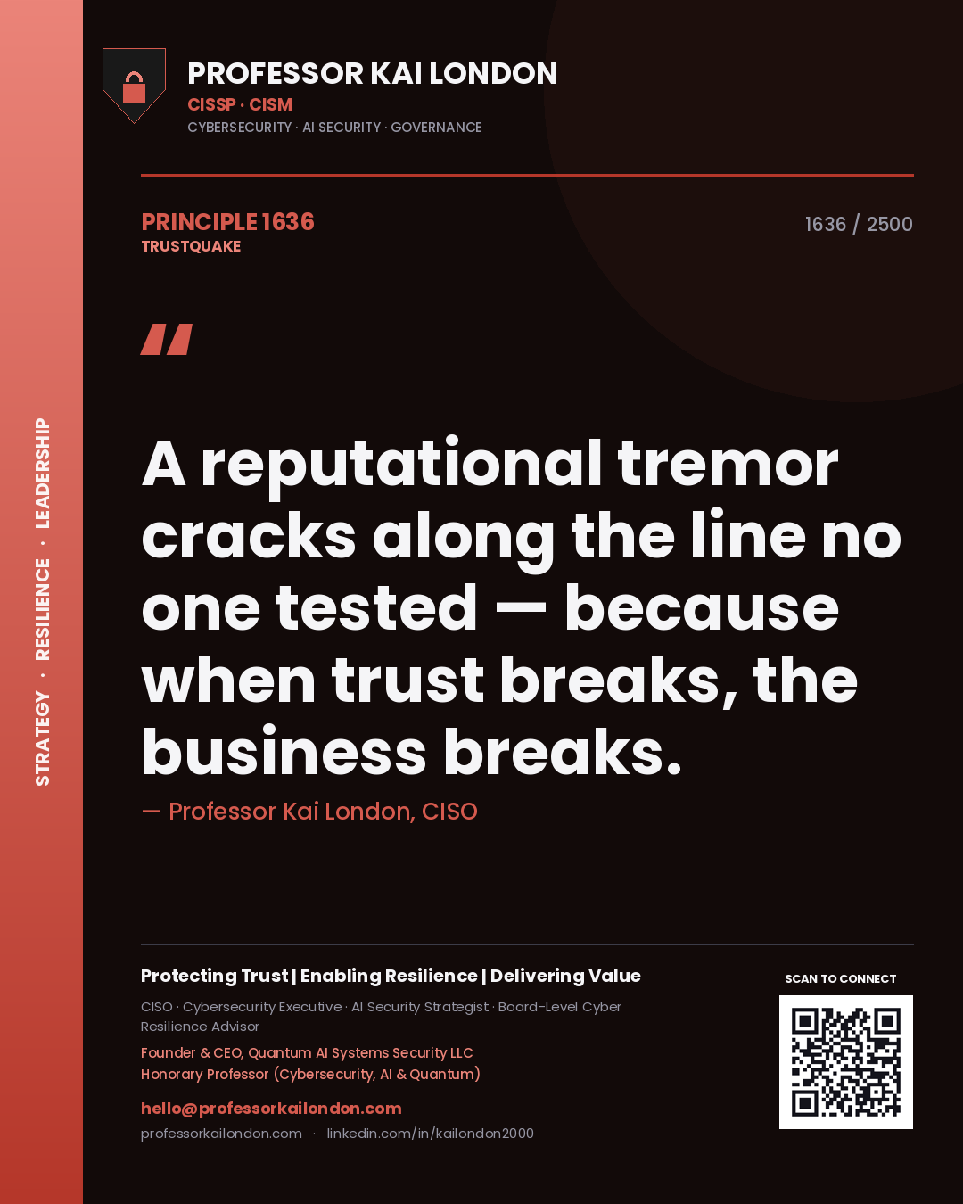 Quote card by Professor Kai London reading 'A reputational tremor cracks along the line no one tested — because when trust breaks, the business breaks.'. From the book Trustquake.