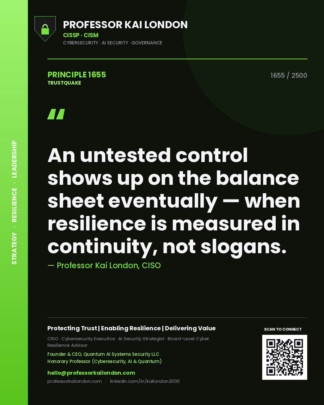 Quote card by Professor Kai London reading 'An untested control shows up on the balance sheet eventually — when resilience is measured in continuity, not slogans.'. From the book Trustquake.