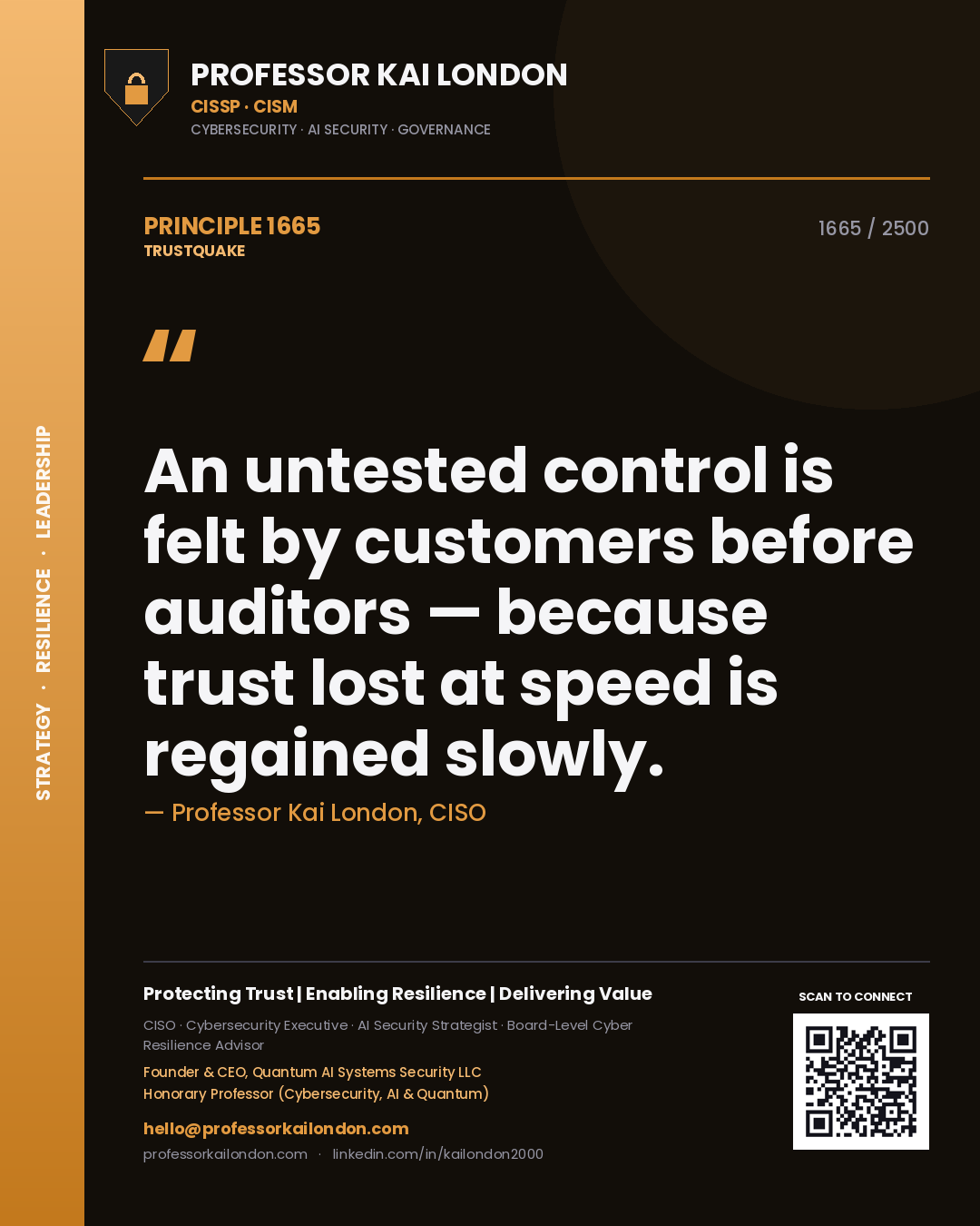 Quote card by Professor Kai London reading 'An untested control is felt by customers before auditors — because trust lost at speed is regained slowly.'. From the book Trustquake.