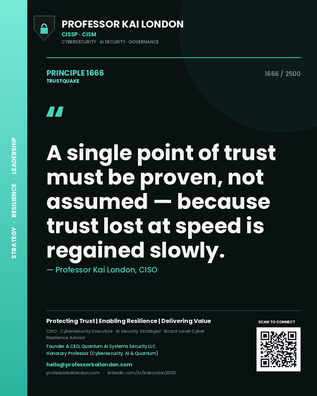 Quote card by Professor Kai London reading 'A single point of trust must be proven, not assumed — because trust lost at speed is regained slowly.'. From the book Trustquake.