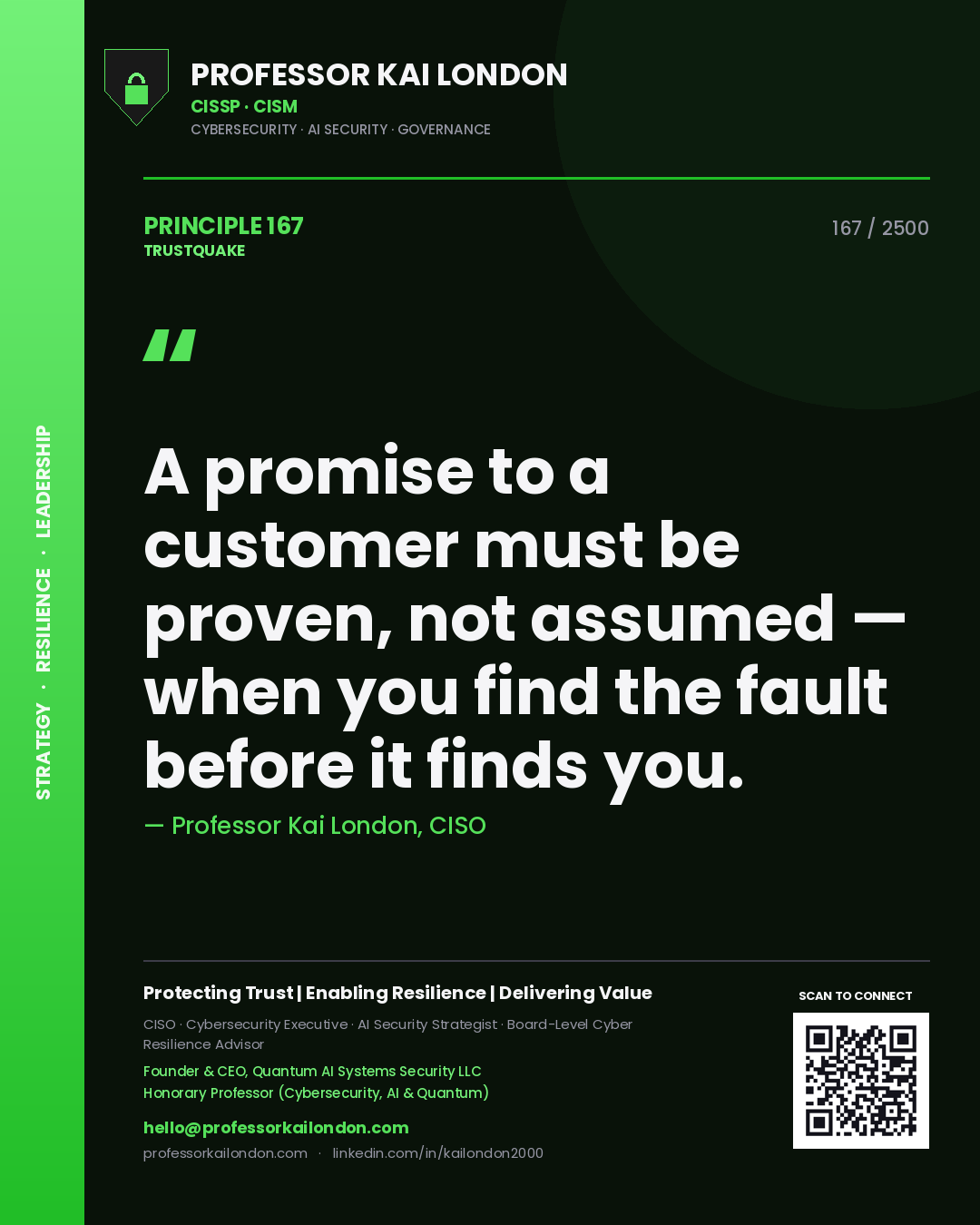 Quote card by Professor Kai London reading 'A promise to a customer must be proven, not assumed — when you find the fault before it finds you.'. From the book Trustquake.