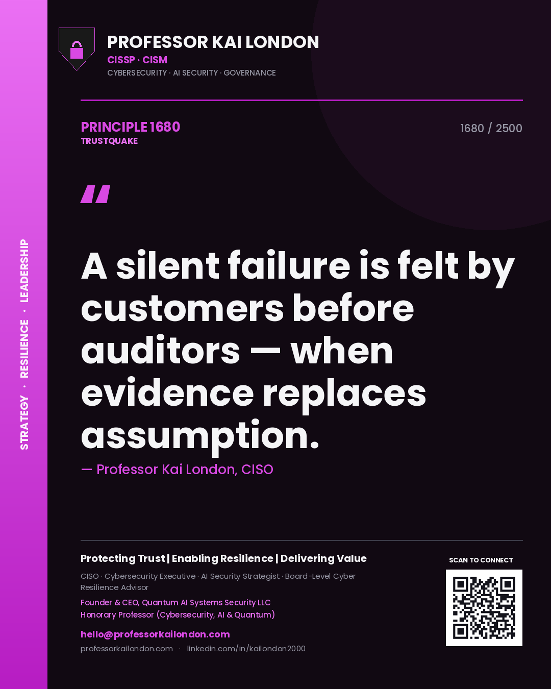 Quote card by Professor Kai London reading 'A silent failure is felt by customers before auditors — when evidence replaces assumption.'. From the book Trustquake.