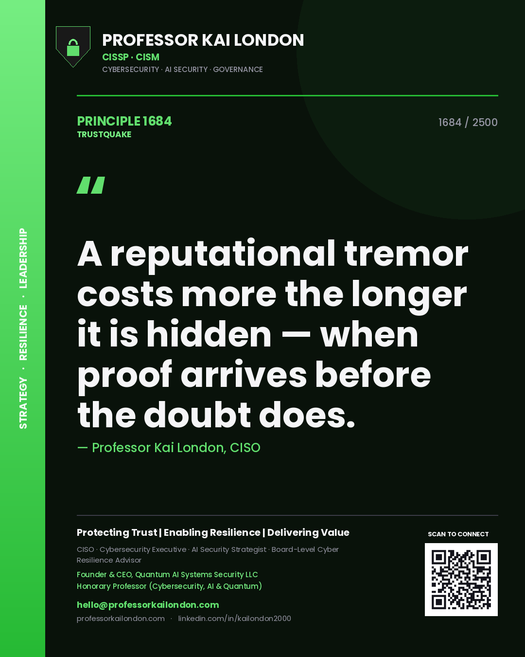Quote card by Professor Kai London reading 'A reputational tremor costs more the longer it is hidden — when proof arrives before the doubt does.'. From the book Trustquake.