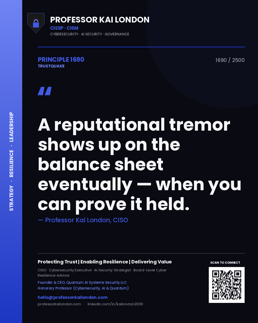 Quote card by Professor Kai London reading 'A reputational tremor shows up on the balance sheet eventually — when you can prove it held.'. From the book Trustquake.