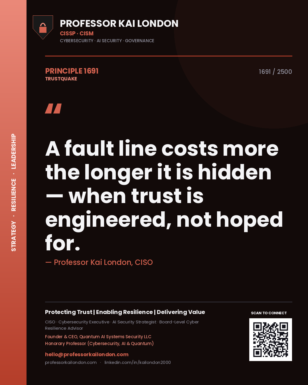 Quote card by Professor Kai London reading 'A fault line costs more the longer it is hidden — when trust is engineered, not hoped for.'. From the book Trustquake.