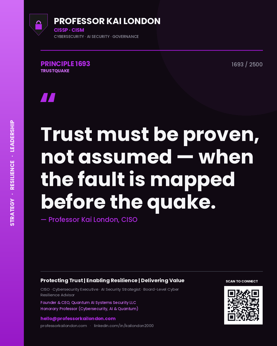 Quote card by Professor Kai London reading 'Trust must be proven, not assumed — when the fault is mapped before the quake.'. From the book Trustquake.