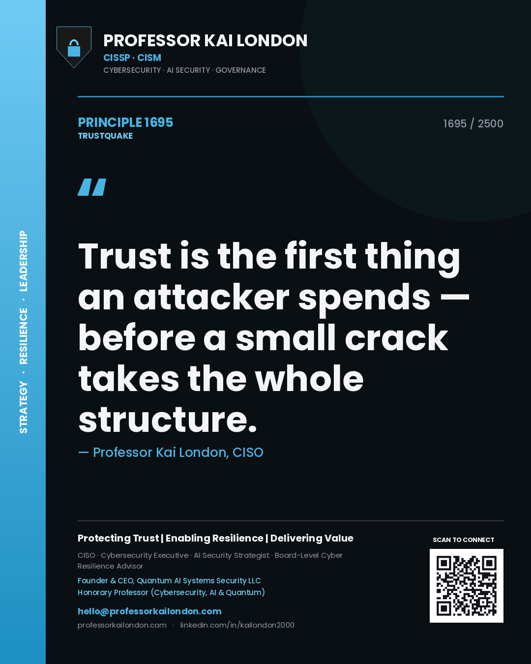 Quote card by Professor Kai London reading 'Trust is the first thing an attacker spends — before a small crack takes the whole structure.'. From the book Trustquake.