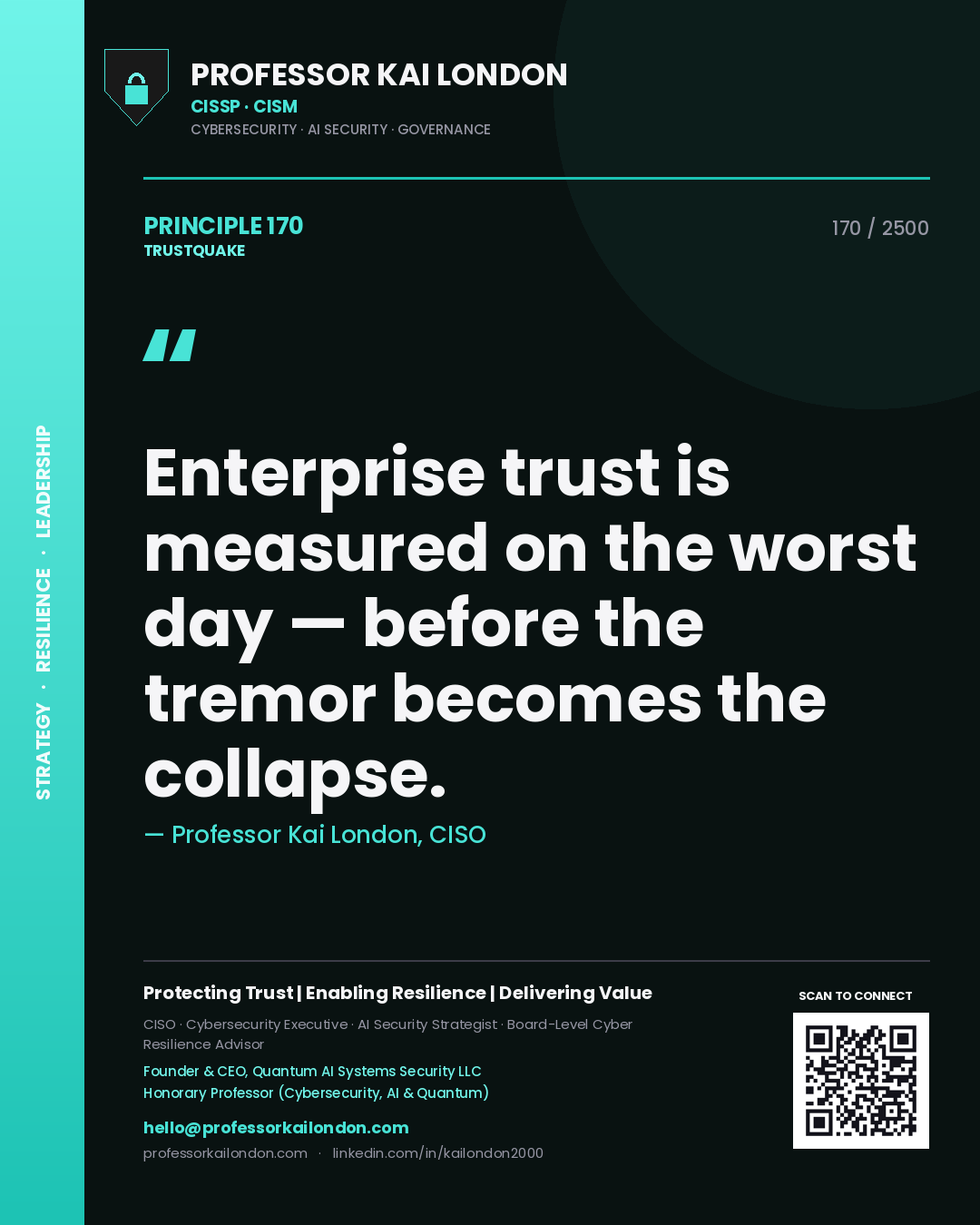 Quote card by Professor Kai London reading 'Enterprise trust is measured on the worst day — before the tremor becomes the collapse.'. From the book Trustquake.