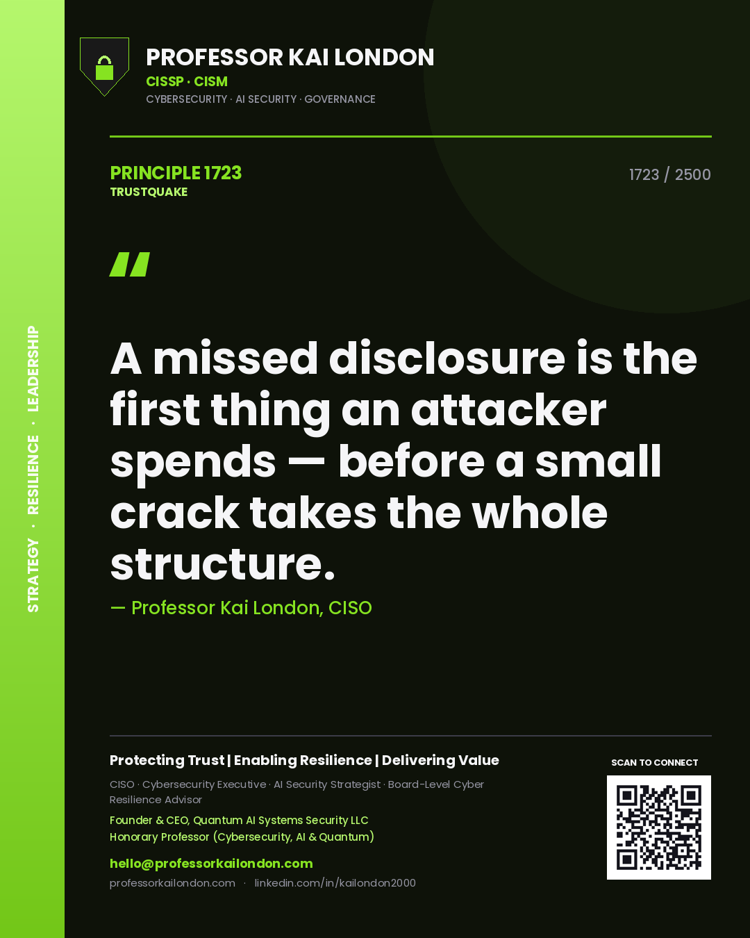 Quote card by Professor Kai London reading 'A missed disclosure is the first thing an attacker spends — before a small crack takes the whole structure.'. From the book Trustquake.