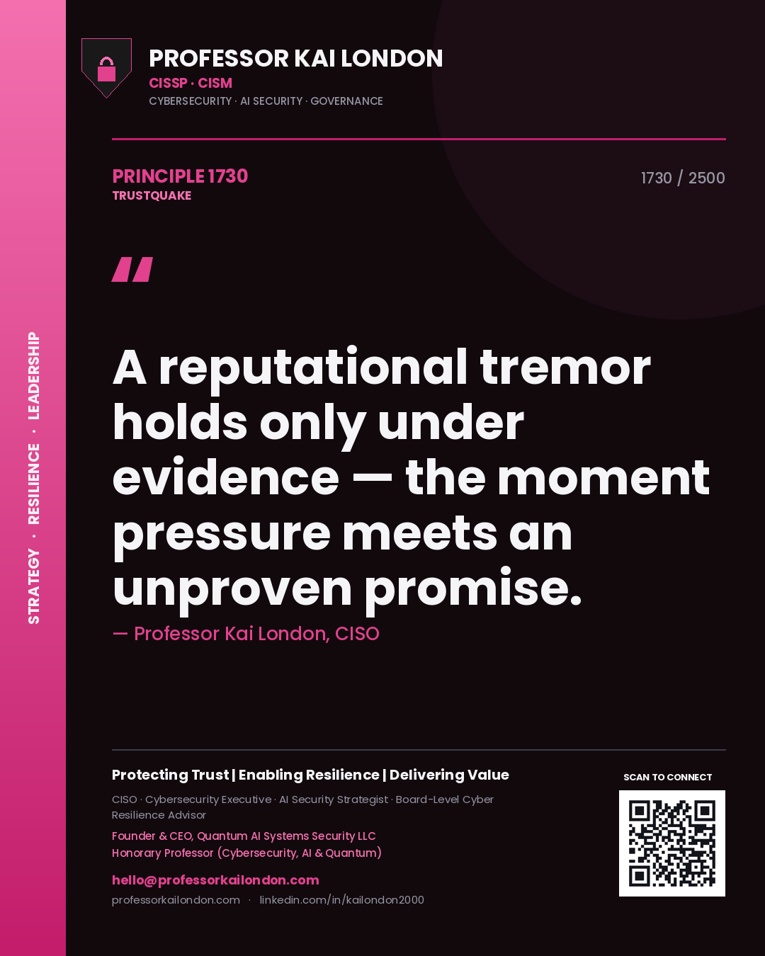 Professor Kai London principle 1730: A reputational tremor holds only under evidence — the moment pressure meets an unproven promise.