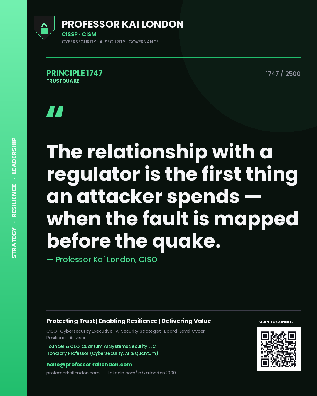 Professor Kai London principle 1747: The relationship with a regulator is the first thing an attacker spends — when the fault is mapped before the quake.