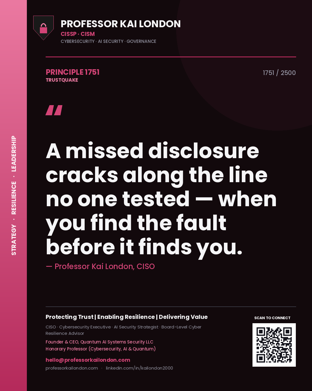 Professor Kai London principle 1751: A missed disclosure cracks along the line no one tested — when you find the fault before it finds you.