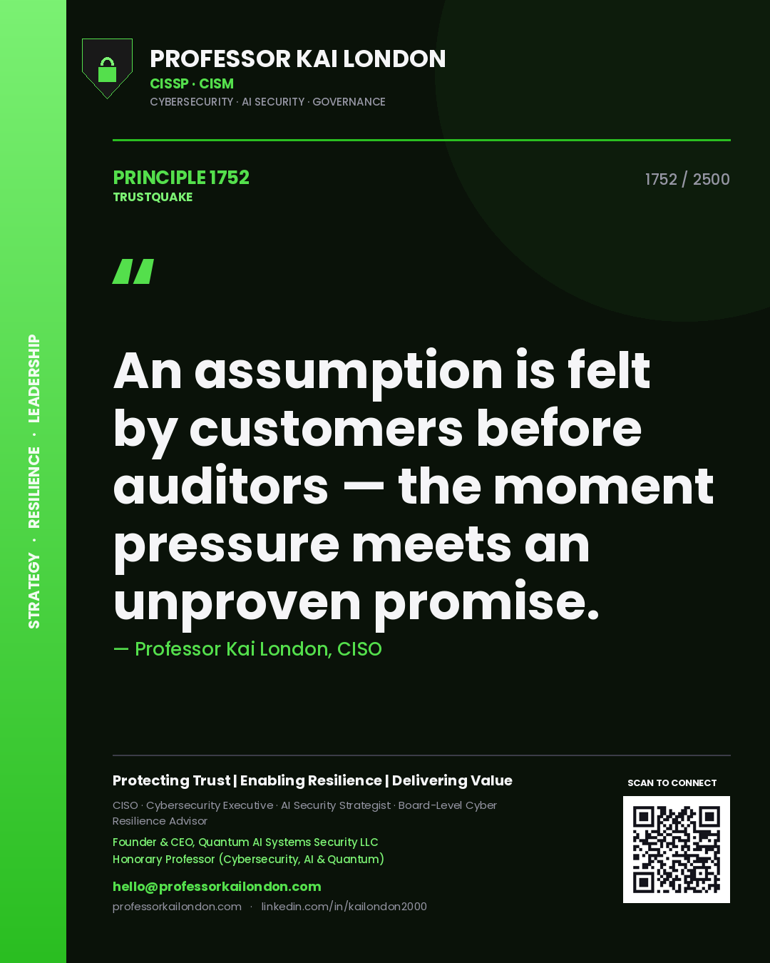 Quote card by Professor Kai London reading 'An assumption is felt by customers before auditors — the moment pressure meets an unproven promise.'. From the book Trustquake.