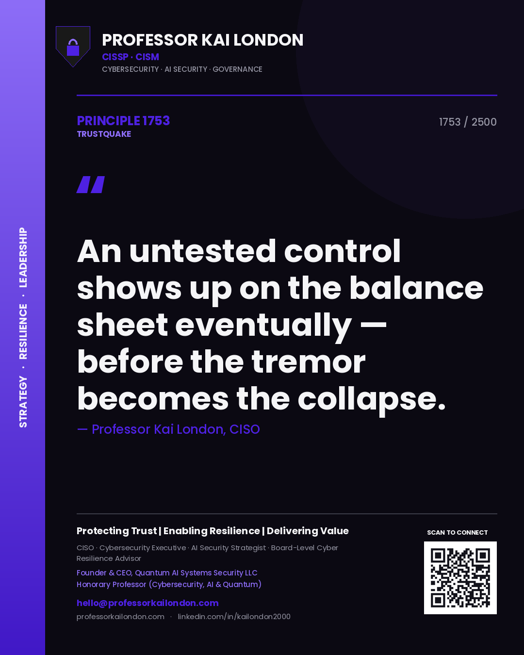 Quote card by Professor Kai London reading 'An untested control shows up on the balance sheet eventually — before the tremor becomes the collapse.'. From the book Trustquake.