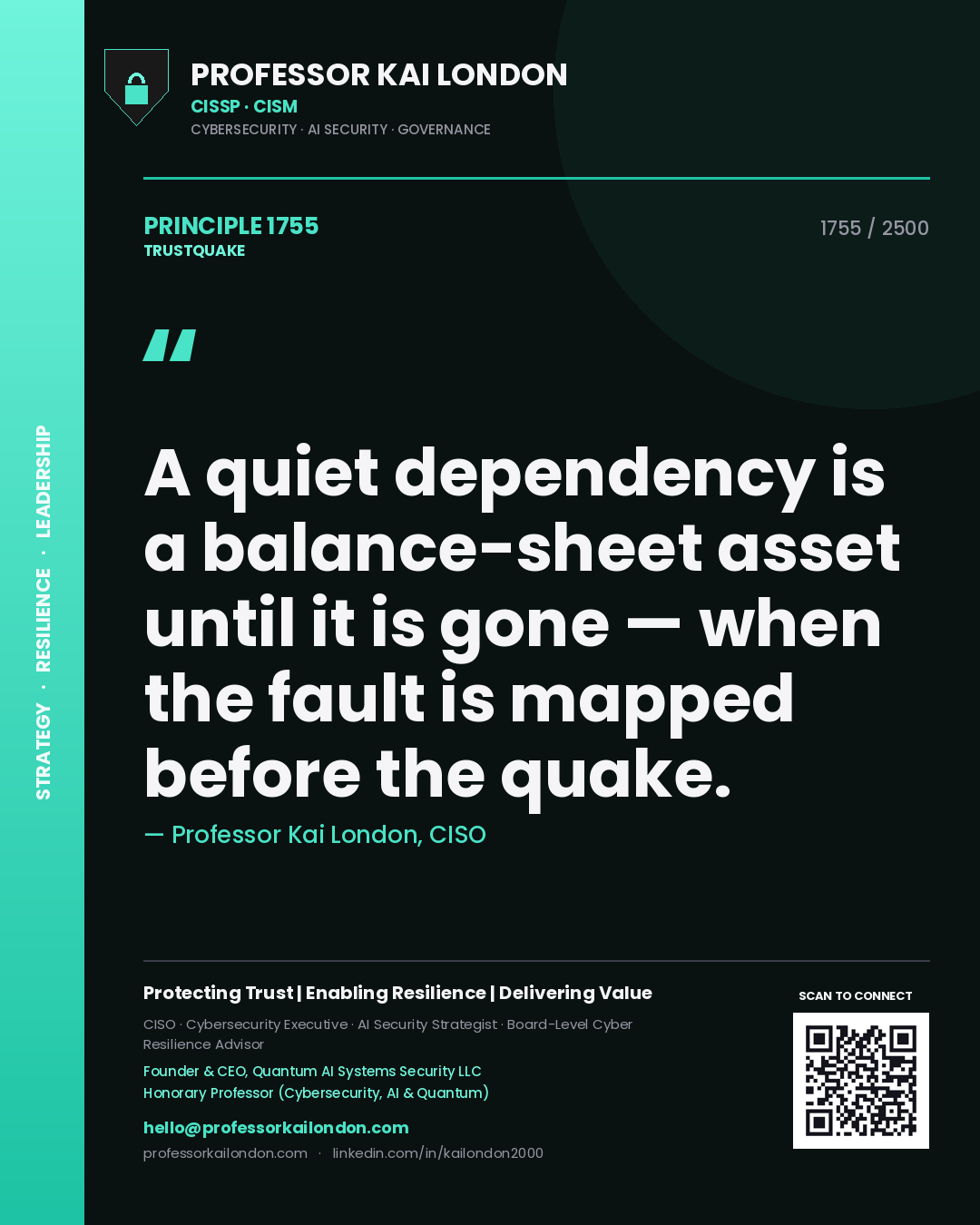 Quote card by Professor Kai London reading 'A quiet dependency is a balance-sheet asset until it is gone — when the fault is mapped before the quake.'. From the book Trustquake.