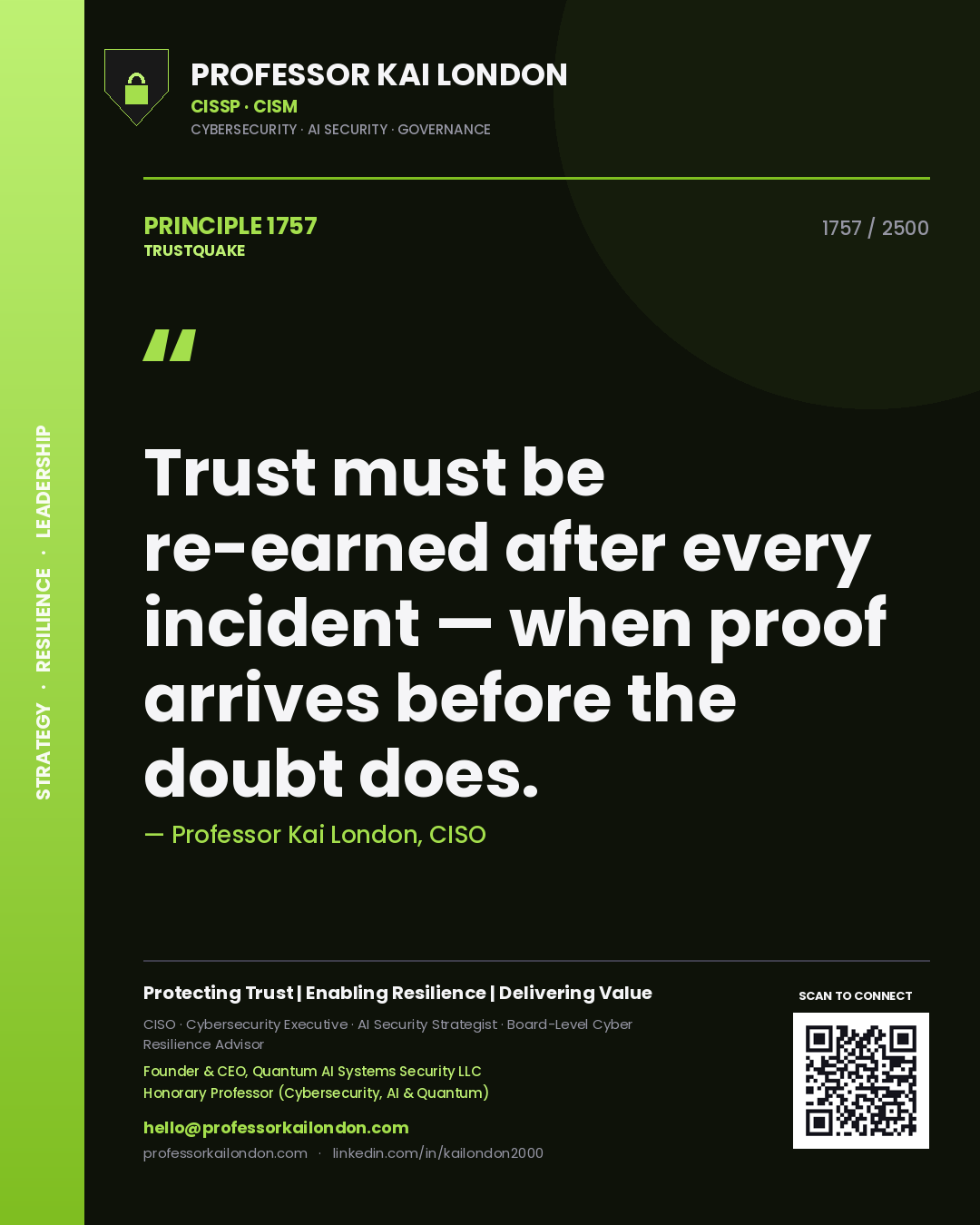 Professor Kai London principle 1757: Trust must be re-earned after every incident — when proof arrives before the doubt does.