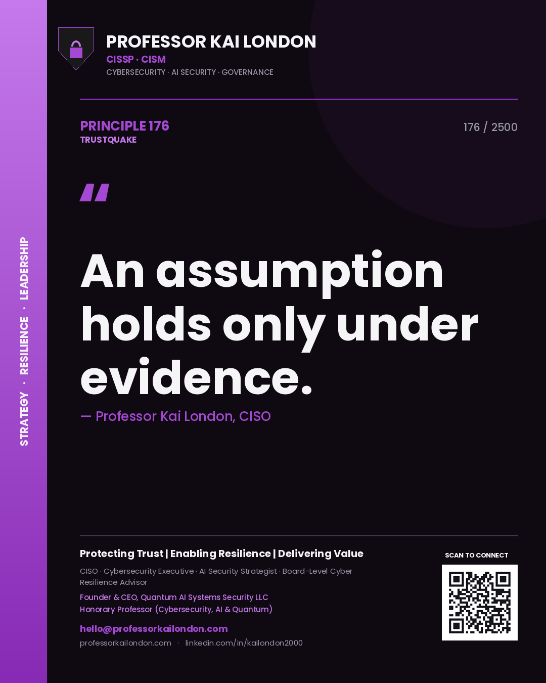 Quote card by Professor Kai London reading 'An assumption holds only under evidence.'. From the book Trustquake.