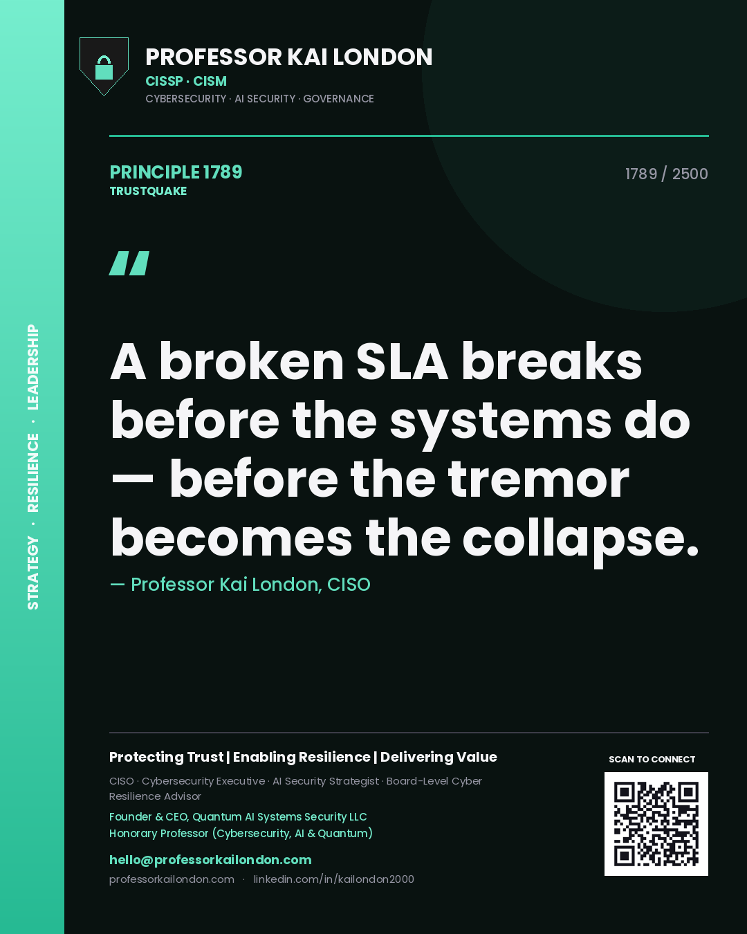 Quote card by Professor Kai London reading 'A broken SLA breaks before the systems do — before the tremor becomes the collapse.'. From the book Trustquake.