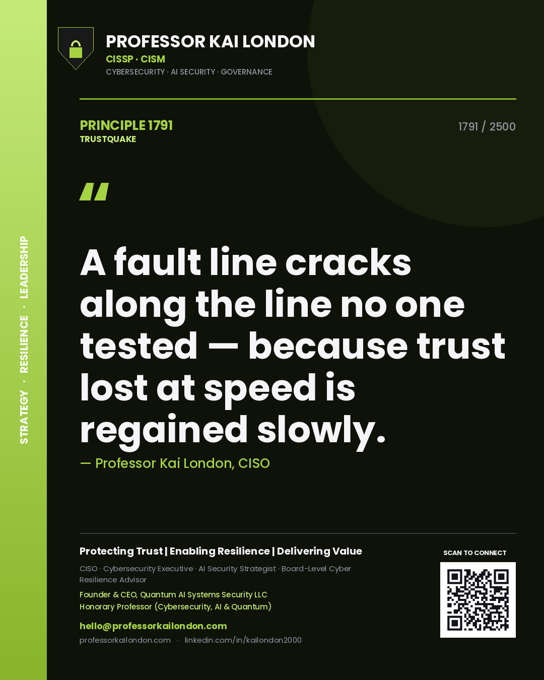 Quote card by Professor Kai London reading 'A fault line cracks along the line no one tested — because trust lost at speed is regained slowly.'. From the book Trustquake.