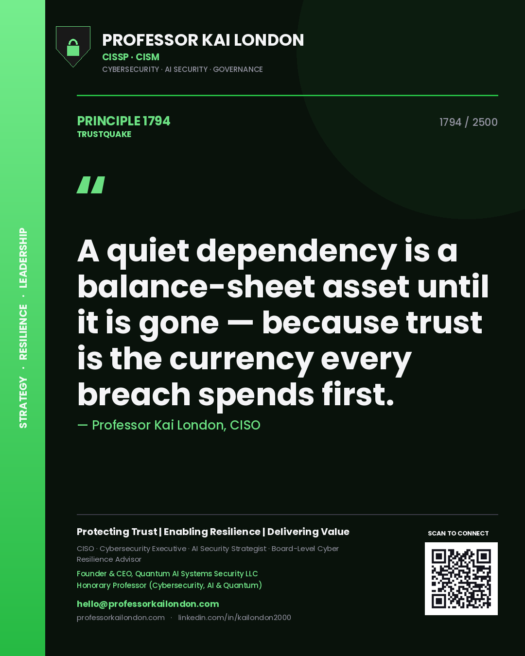 Professor Kai London principle 1794: A quiet dependency is a balance-sheet asset until it is gone — because trust is the currency every breach spends first.