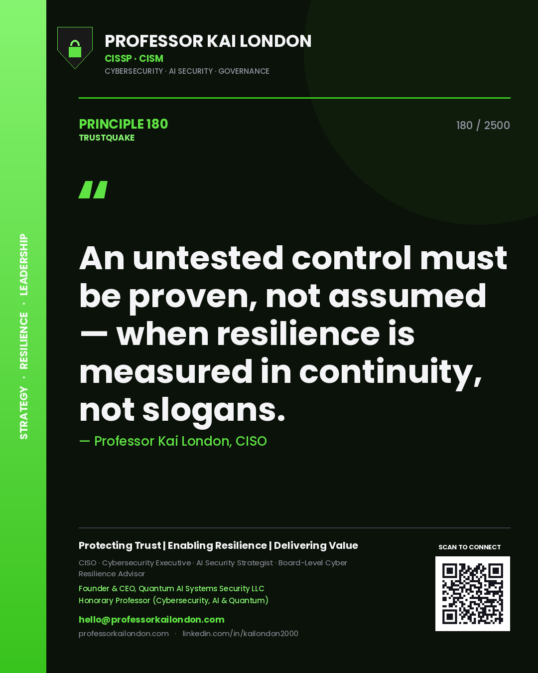 Quote card by Professor Kai London reading 'An untested control must be proven, not assumed — when resilience is measured in continuity, not slogans.'. From the book Trustquake.