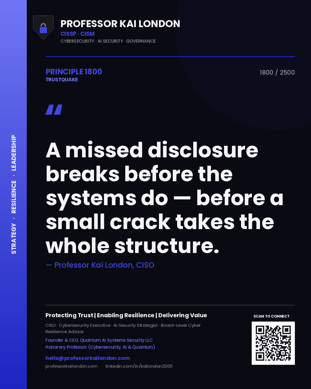 Quote card by Professor Kai London reading 'A missed disclosure breaks before the systems do — before a small crack takes the whole structure.'. From the book Trustquake.