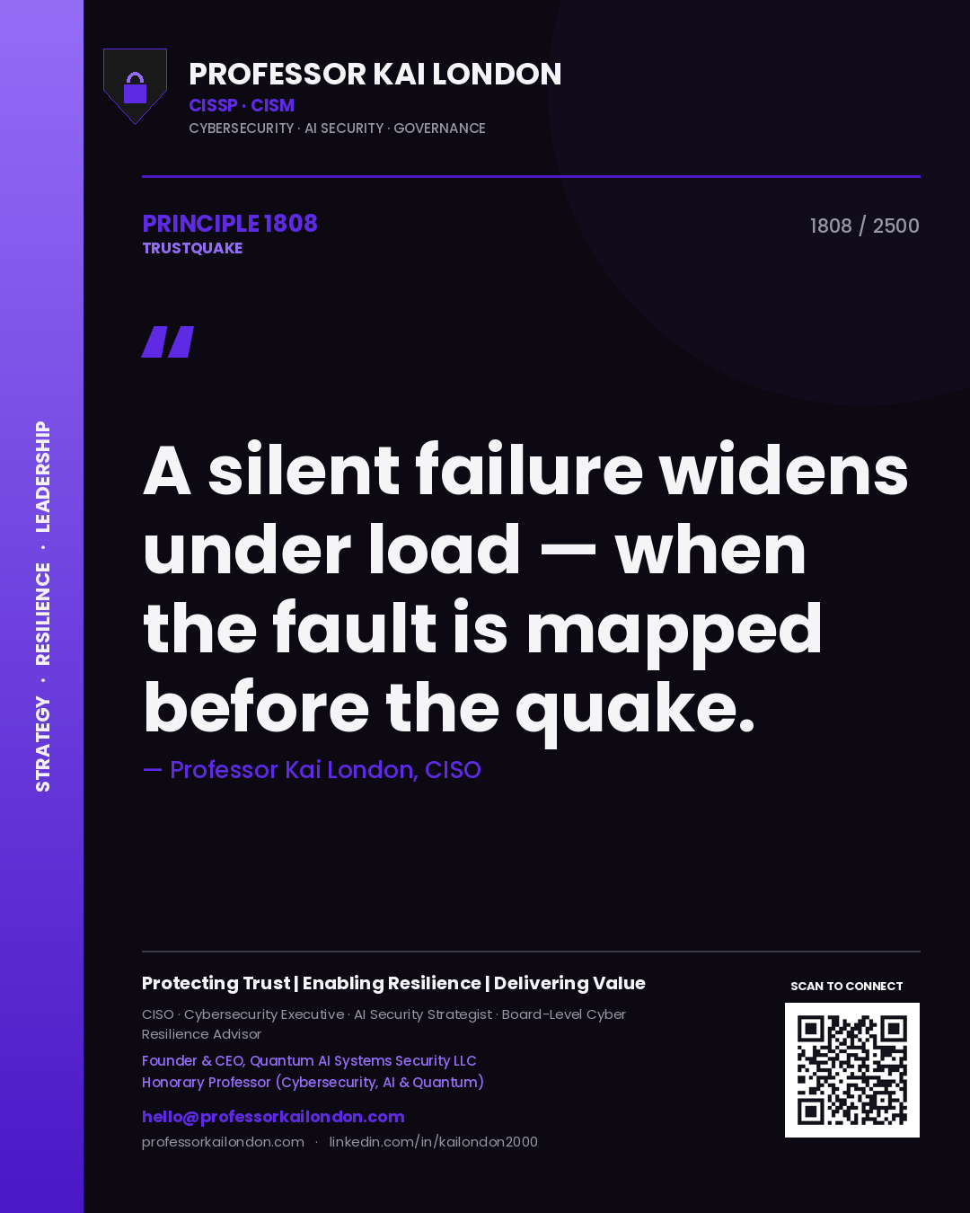 Quote card by Professor Kai London reading 'A silent failure widens under load — when the fault is mapped before the quake.'. From the book Trustquake.