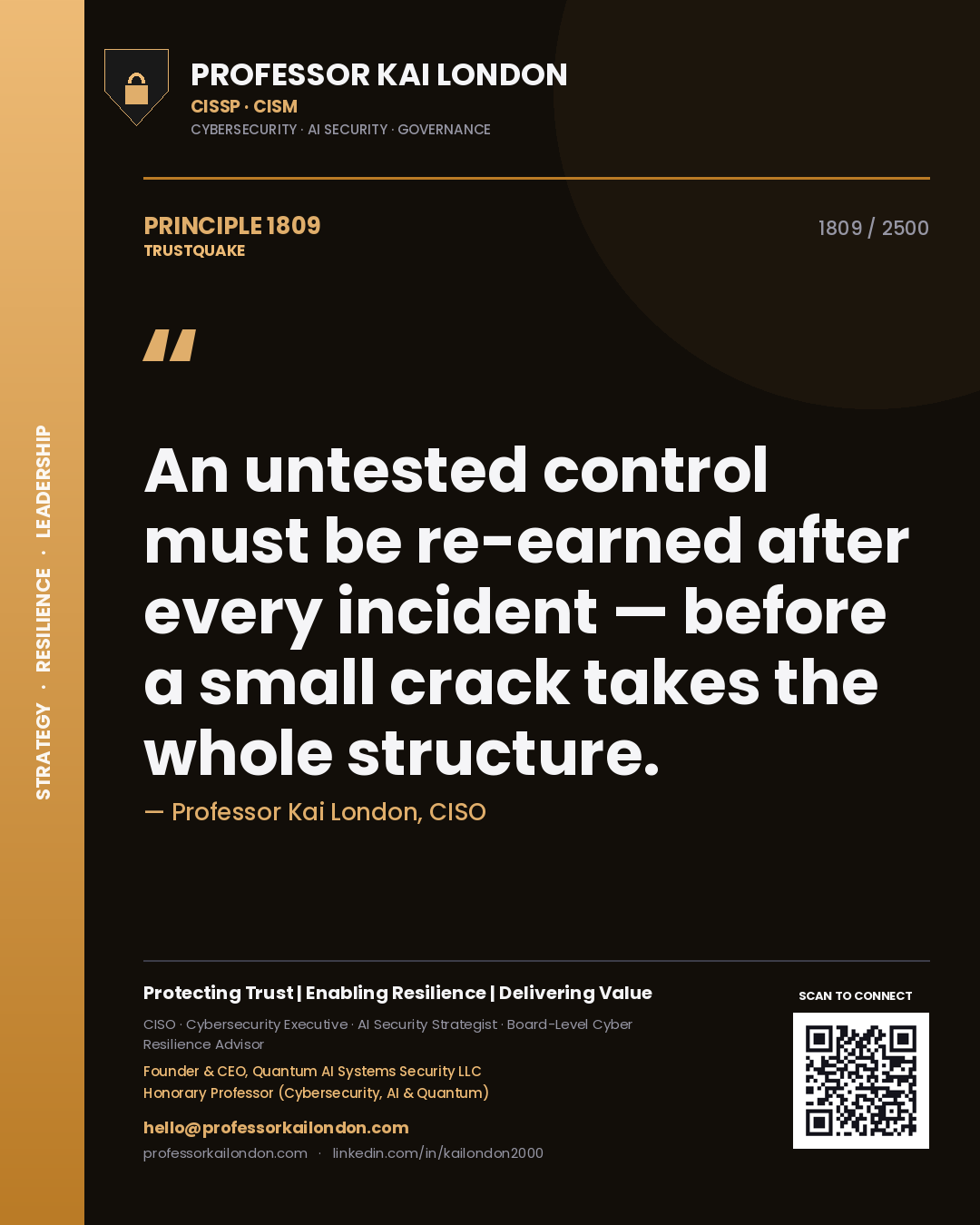 Professor Kai London principle 1809: An untested control must be re-earned after every incident — before a small crack takes the whole structure.
