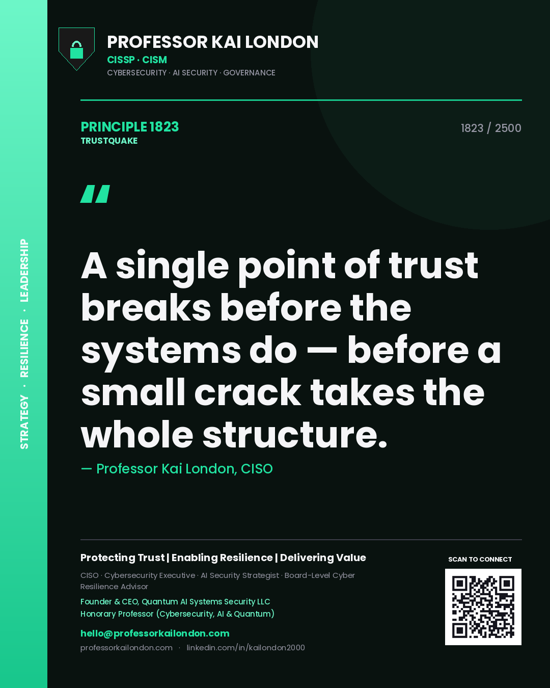 Quote card by Professor Kai London reading 'A single point of trust breaks before the systems do — before a small crack takes the whole structure.'. From the book Trustquake.