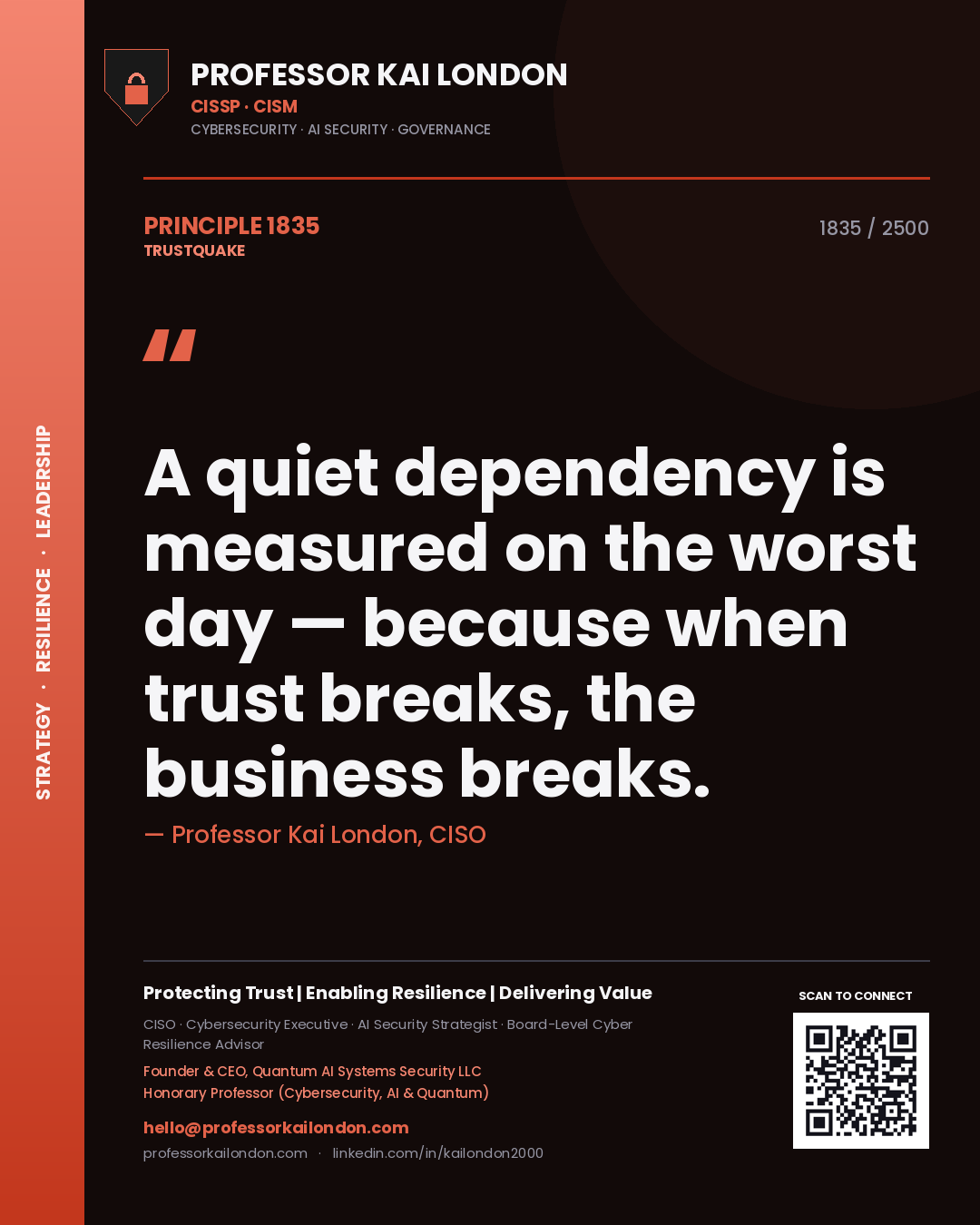 Quote card by Professor Kai London reading 'A quiet dependency is measured on the worst day — because when trust breaks, the business breaks.'. From the book Trustquake.