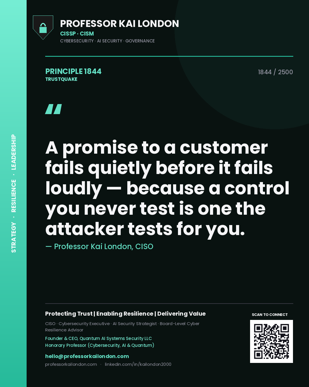 Professor Kai London principle 1844: A promise to a customer fails quietly before it fails loudly — because a control you never test is one the attacker tests for you.