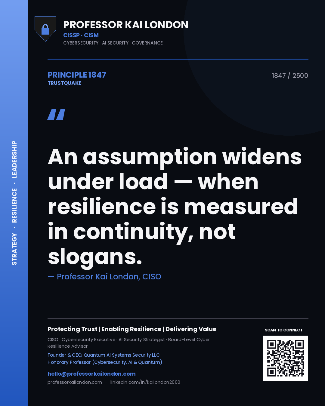 Quote card by Professor Kai London reading 'An assumption widens under load — when resilience is measured in continuity, not slogans.'. From the book Trustquake.