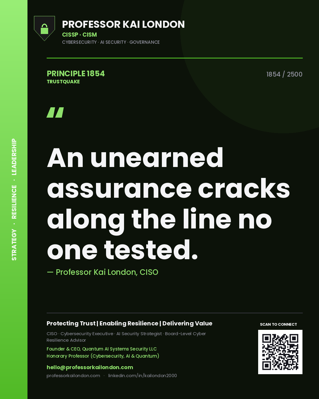 Quote card by Professor Kai London reading 'An unearned assurance cracks along the line no one tested.'. From the book Trustquake.