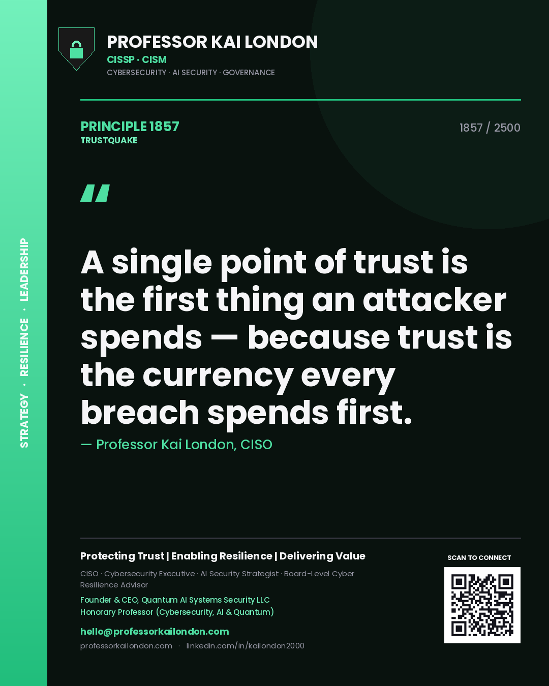 Professor Kai London principle 1857: A single point of trust is the first thing an attacker spends — because trust is the currency every breach spends first.