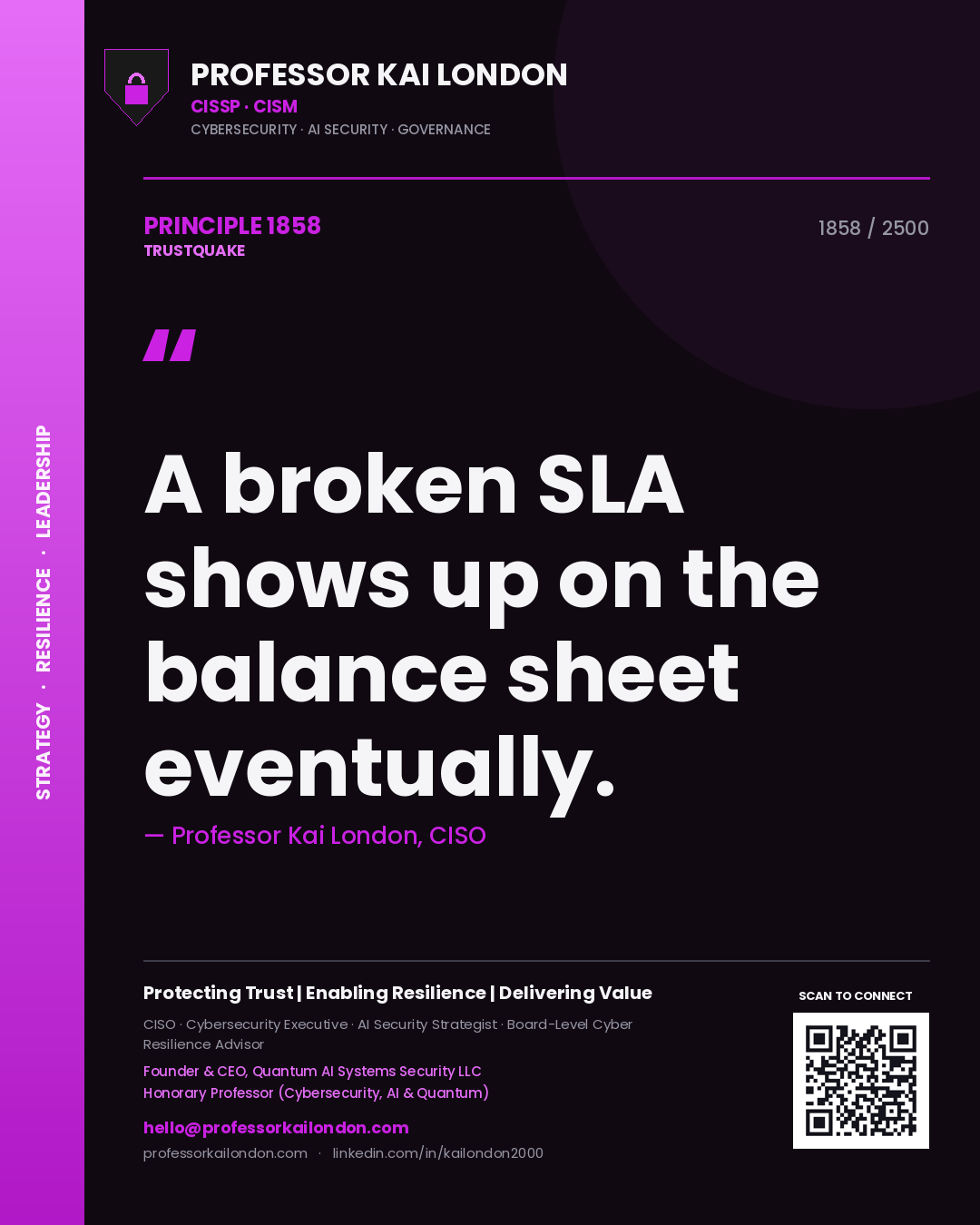 Quote card by Professor Kai London reading 'A broken SLA shows up on the balance sheet eventually.'. From the book Trustquake.