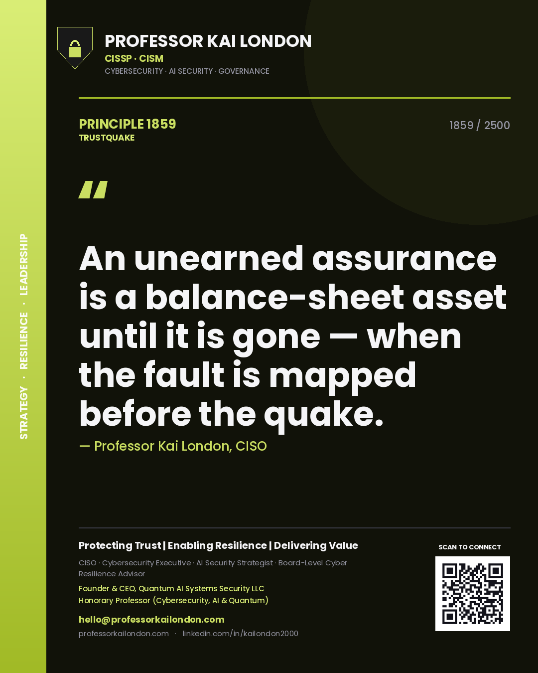 Quote card by Professor Kai London reading 'An unearned assurance is a balance-sheet asset until it is gone — when the fault is mapped before the quake.'. From the book Trustquake.