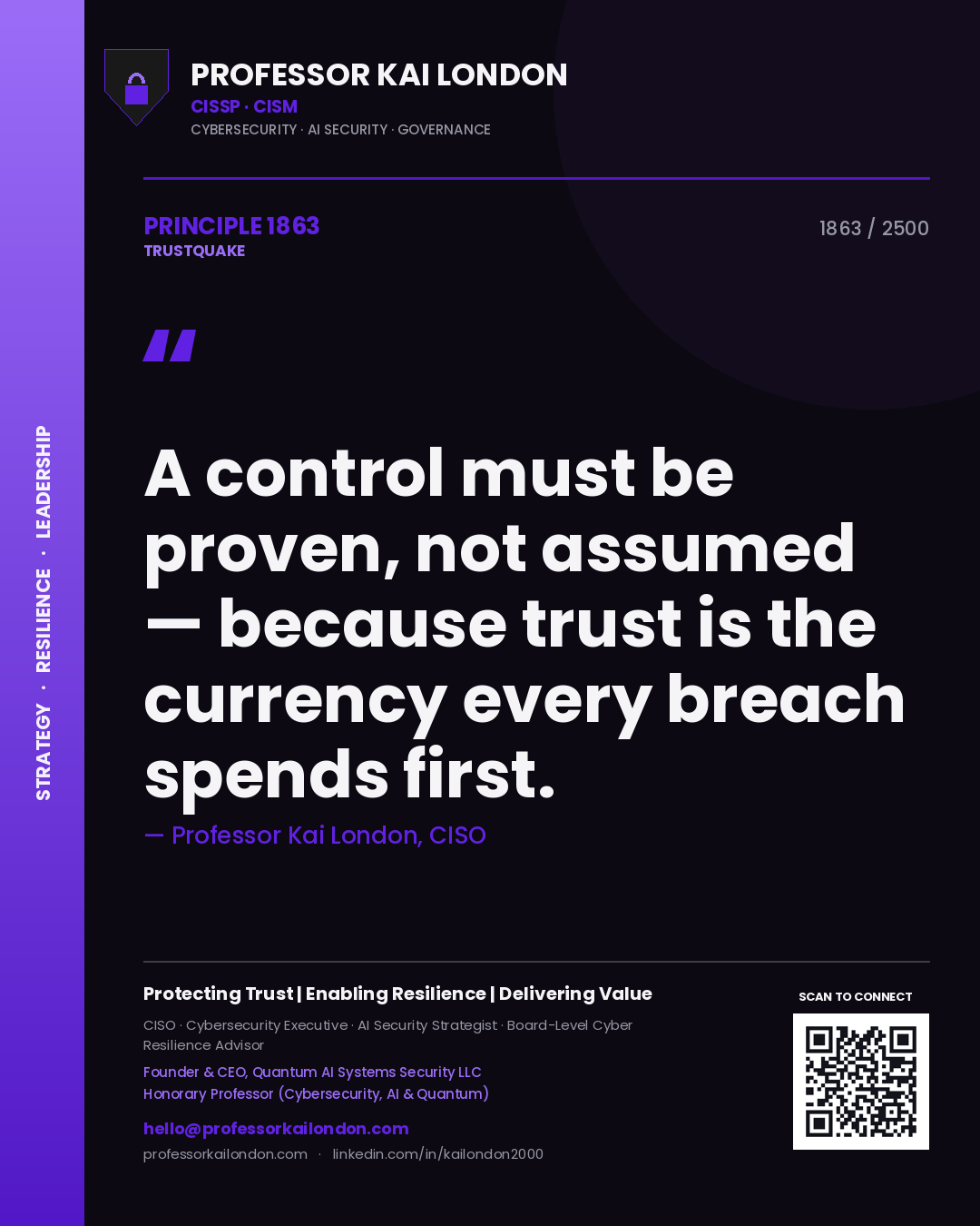 Professor Kai London principle 1863: A control must be proven, not assumed — because trust is the currency every breach spends first.